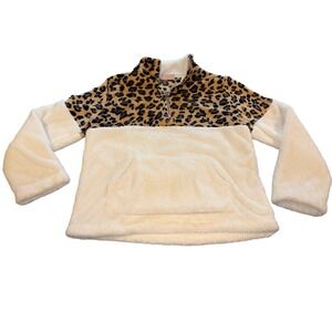 C+D+M Women's Ivory Leopard Fleece 1/4 Zip Pullover Kangaroo Pocket Sweatshirt L
